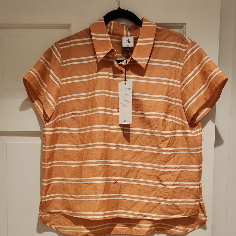 CAbi Camp Shirt Sherbert Orange With White Stripes Short Sleeves Button Down